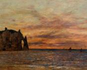 尤金 布丹 : Etretat, La Falaise d'Aval on Sunset